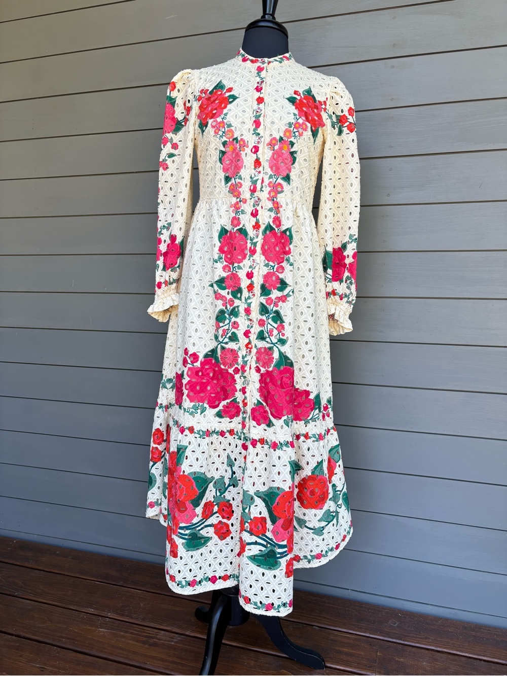 Farm Rio Cream Eyelet Floral Long Dress
